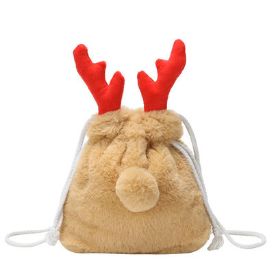 लग्जरी क्रिसमस ड्रॉस्ट्रिंग बैग विंटर फ्लफी रेनडियर एंटलर हैंडबैग